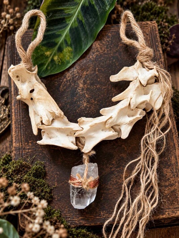 Deer Vertebrae & Clear Quartz Crescent Wall Talisman