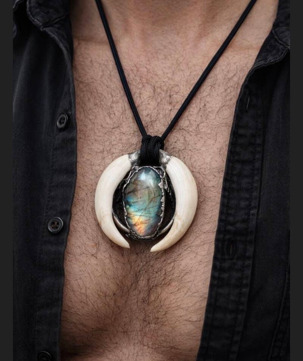 Wild Boars tooth and labradorite pendant necklace