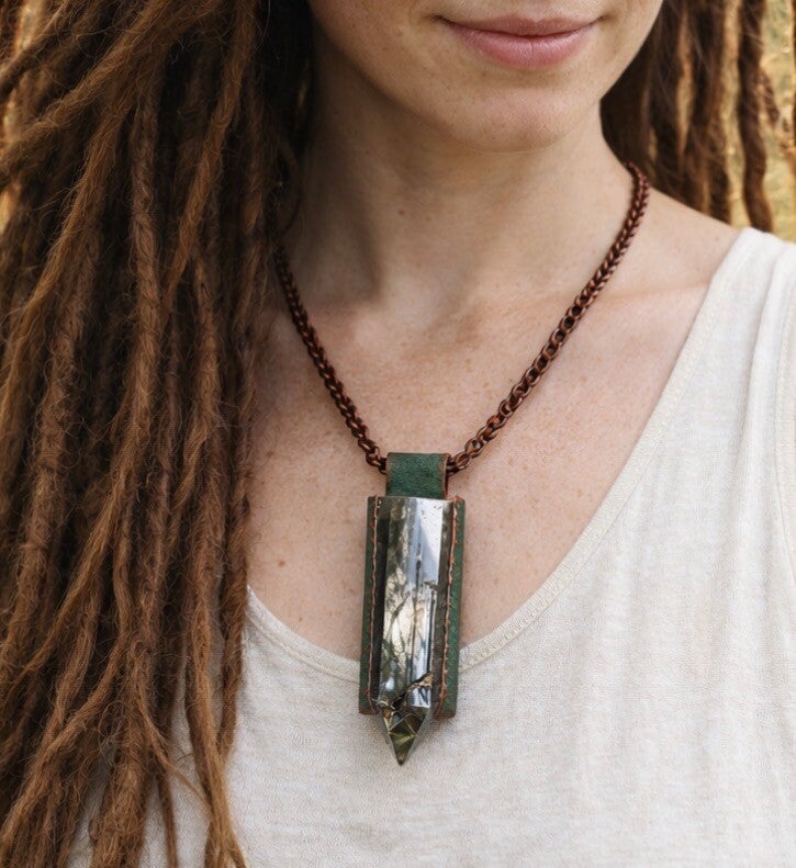 Crackle quartz crystal necklace in patinated old Irish copper necklace