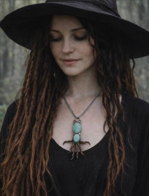 l Raven Claws Soldered with Two High Flash Amazonite Gemstone Pendant Talisman