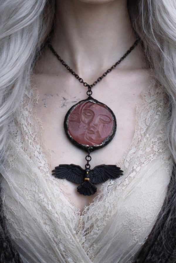 Romantic Rose Quartz Sun and Moon with Raven Pendant Necklace