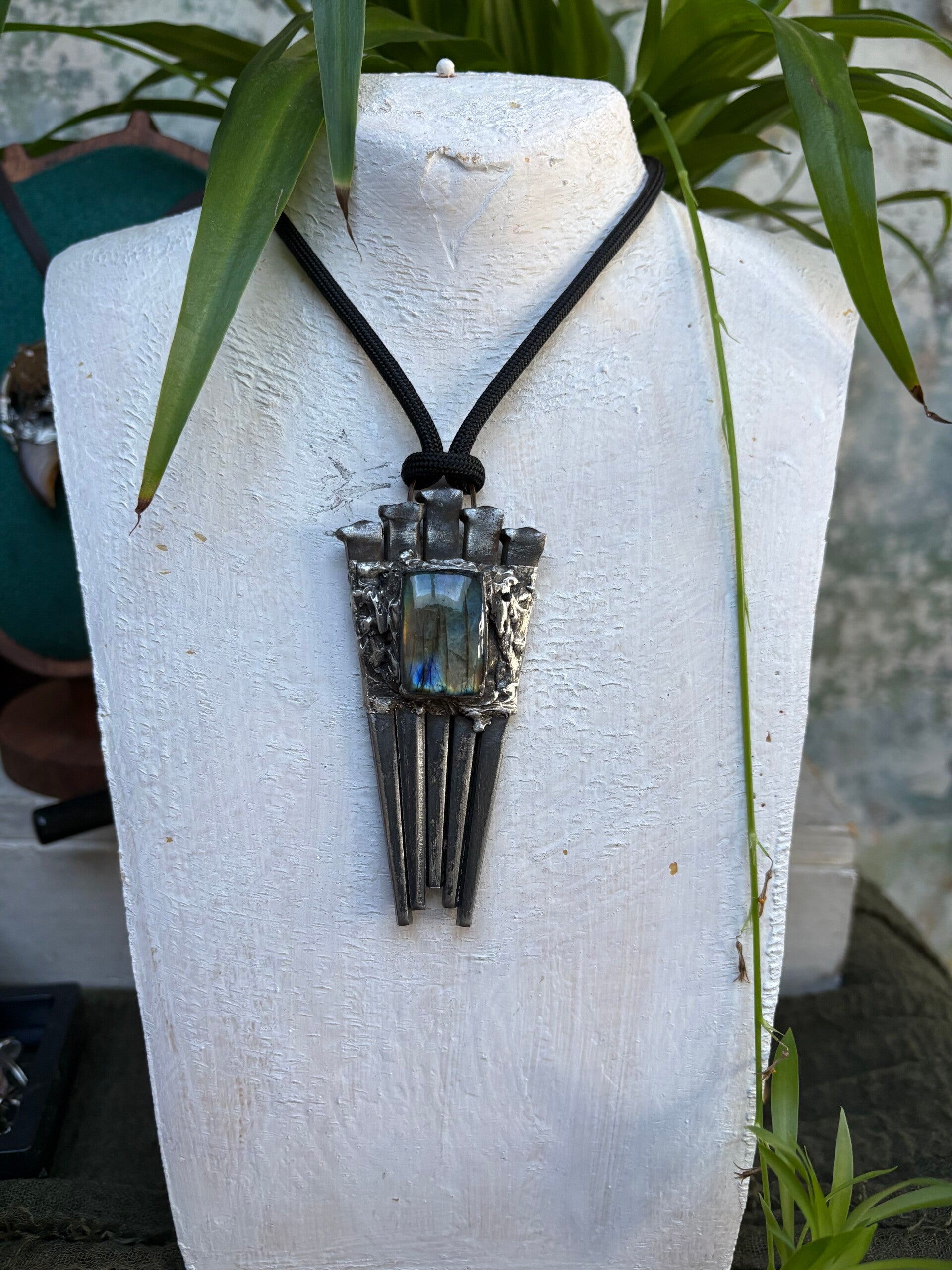 Five hand forged antique iron coffin nail pendant with labradorite