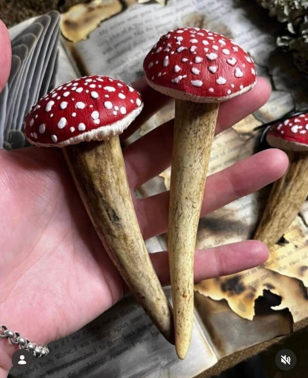 Pair of Whimsical Woodland Magic – Handcrafted Antler & Clay Mushroom Decor