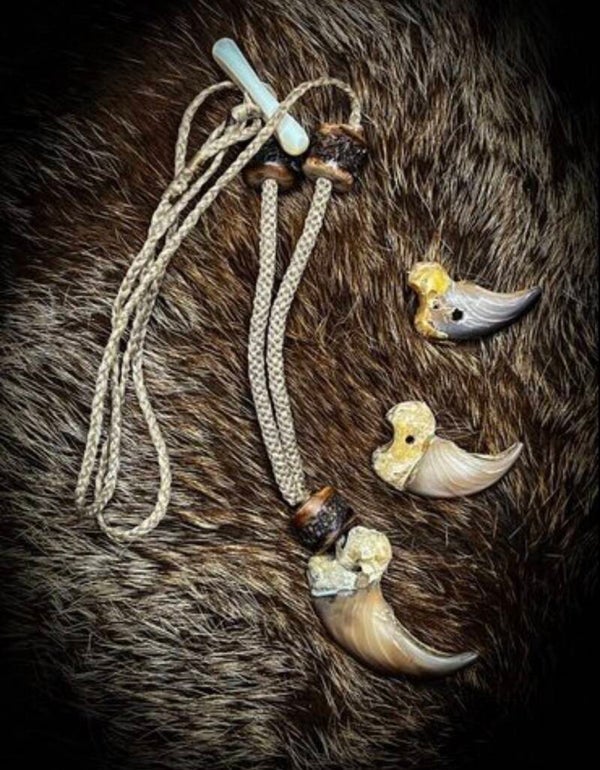 Prehistoric Bear Claw and Tibetan Yak Bead Cordage Handcrafted Necklace