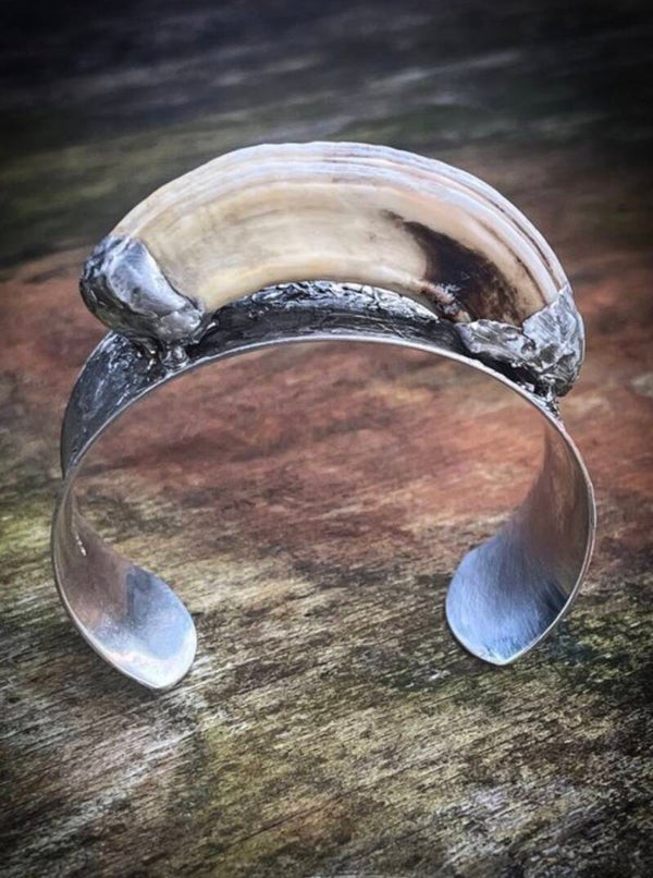 Reclaimed wild boar tusk from soldered handcrafted 925 silver bracelet