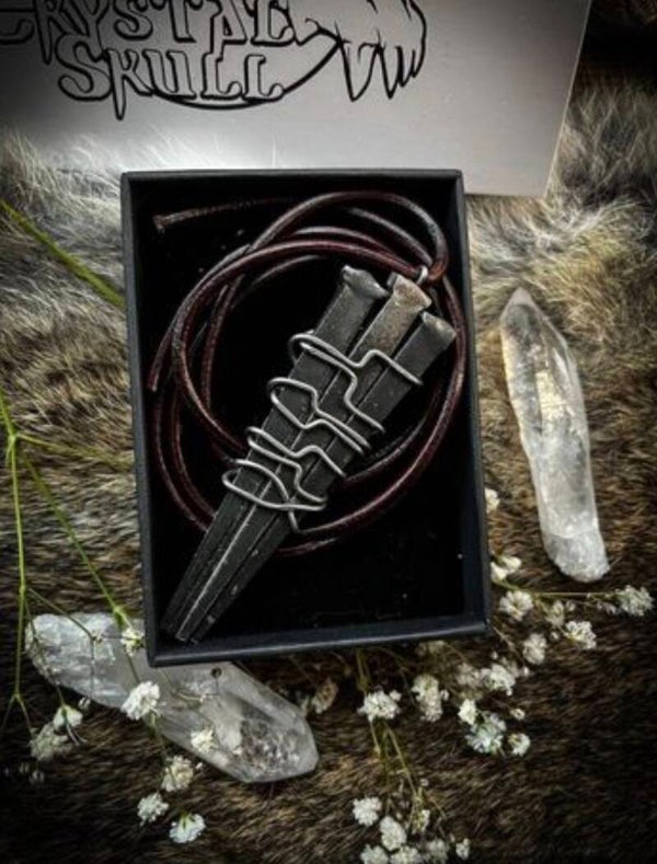 Protective Witchy Forged Iron Coffin Nails Pendant Necklace Draconian Brutalist Goth Wasteland Industrial