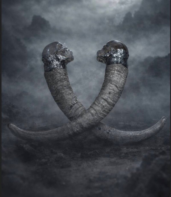 Handcrafted Ram Horn + Smokey Quartz Skull Ritual Pieces