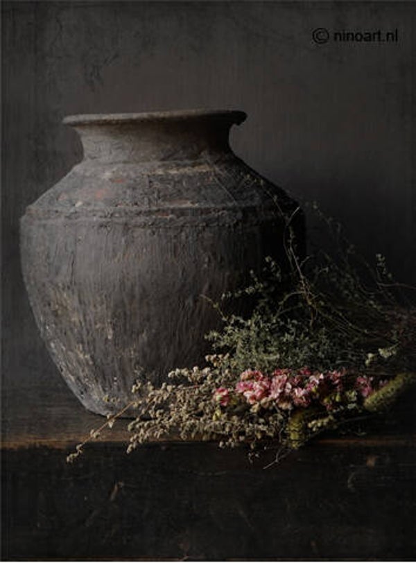 Canvas prent pot met roze bloemen
