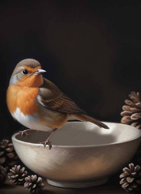 Canvas prent roodborstje op een schaal