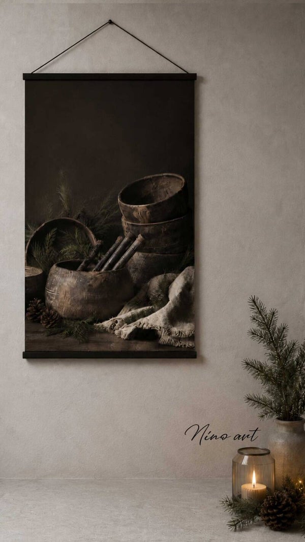 Fluwelen wanddoek de Houten potten