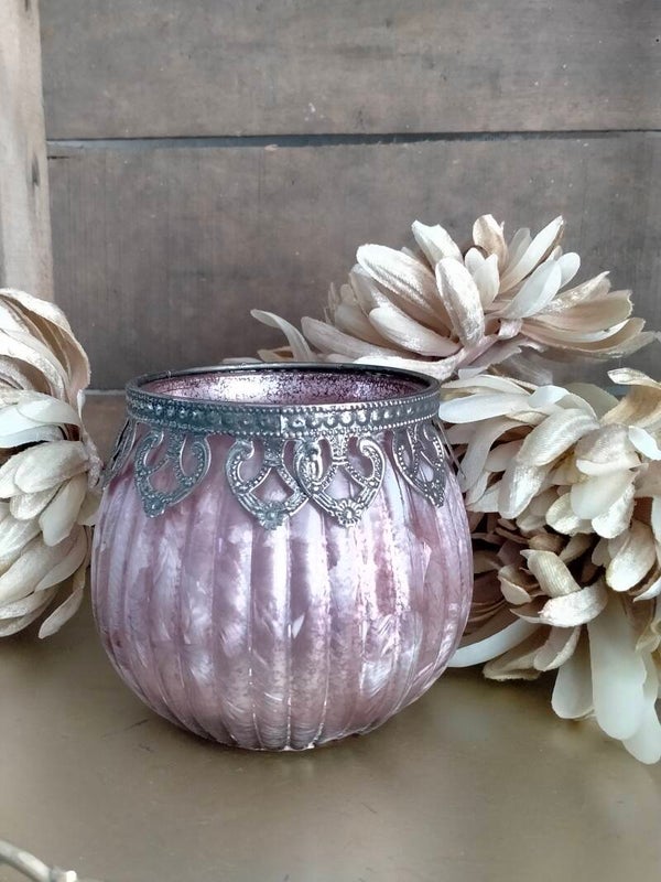 Clayre & Eef glazen theelichthouder roze
