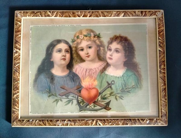 Oude prent met engelen geloof, hoop en liefde