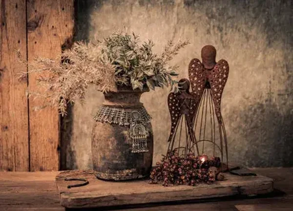 Placemat Kerst nr. 232 Roest engelen bij pot met bloemen