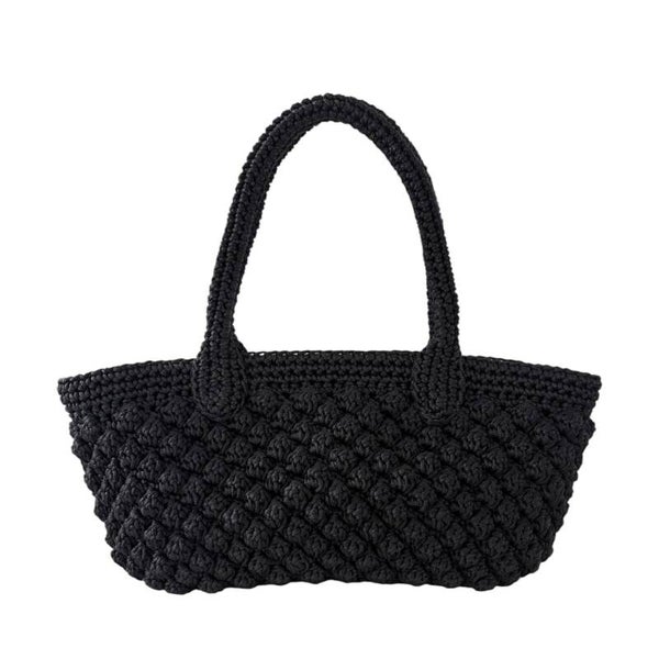 Handmade Black Booble Crochet Trapeze Bag - Polyester Yarn with Magnetic Closure