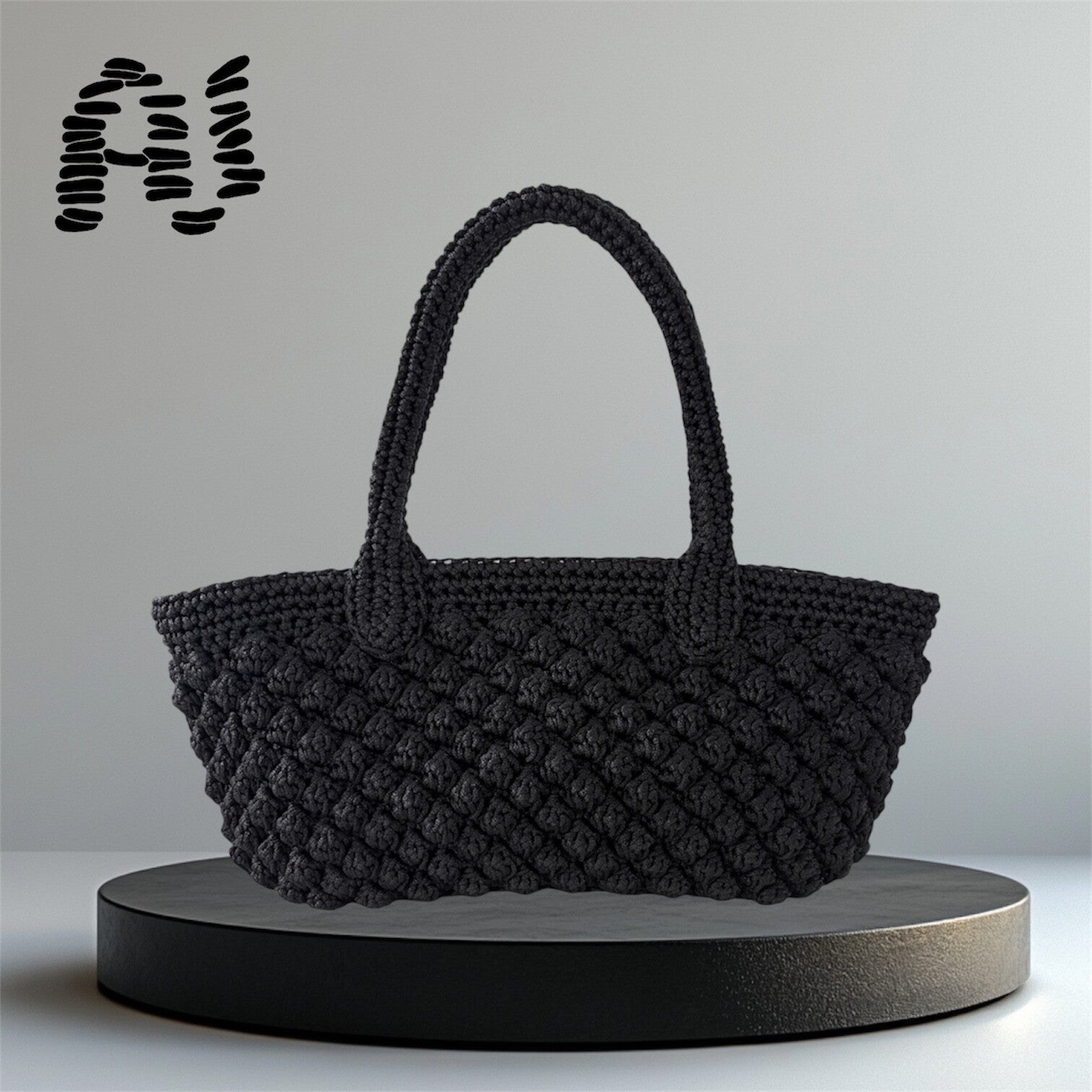 Handmade Black Booble Crochet Trapeze Bag