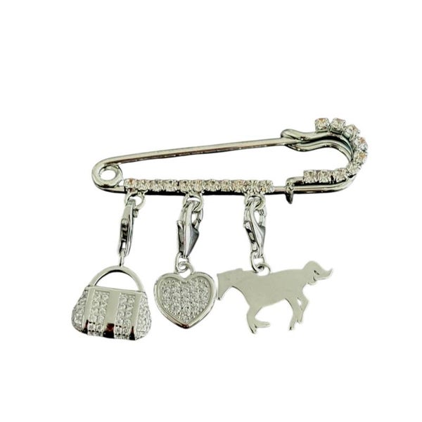 Crystal Brooch with Bag-Heart-Horse 925 Sterling Silver Charms