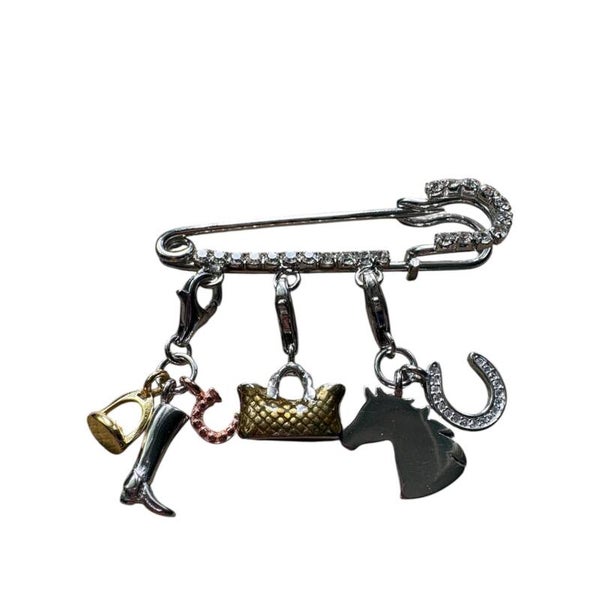 Crystal Brooch with Boot-Bag-Horse 925 Sterling Silver Charms
