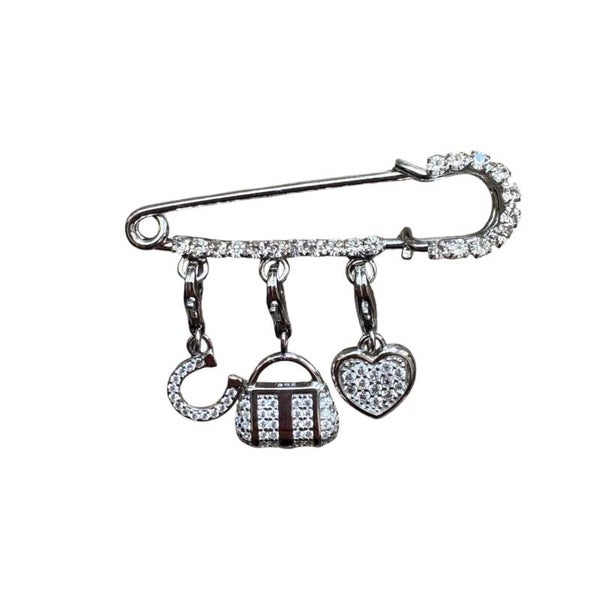 Crystal Brooch with Horseshoe-Bag-Heart 925 Sterling Silver Charms