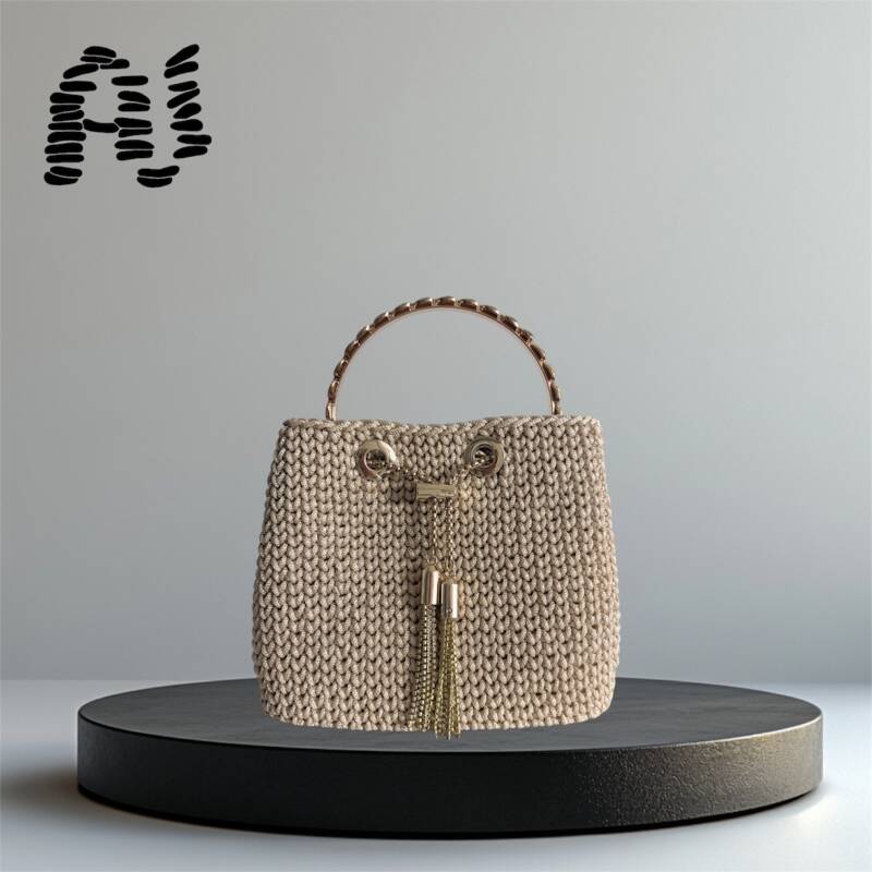 crochet buchet bag with gold chain in cream color