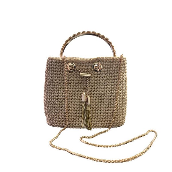 Handmade Cream Crochet Bucket Bag with Gold Chain
