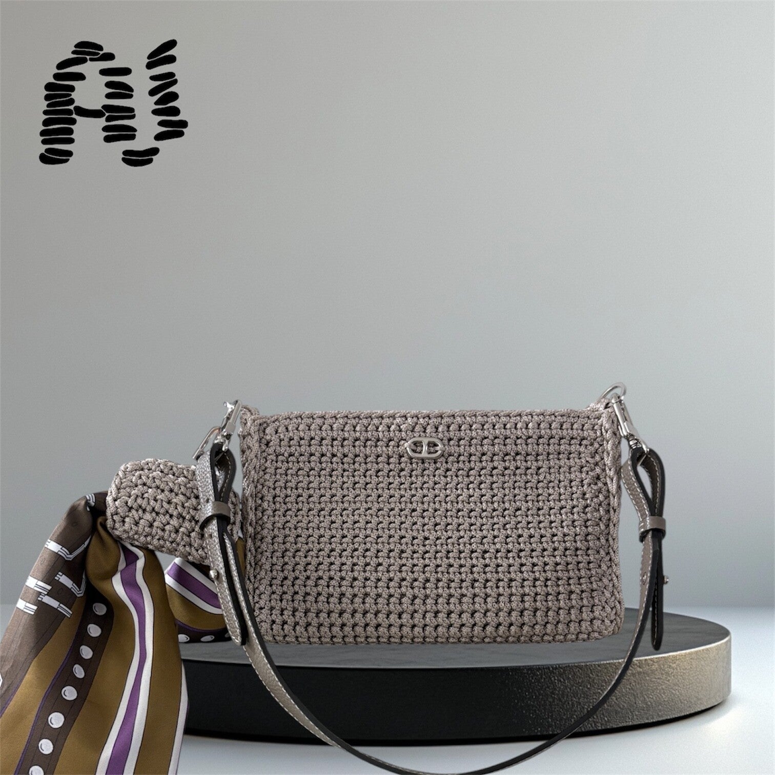handmade crochet baguette bag in beige with scarf holder