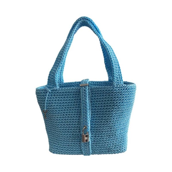 Handmade Light Blue Crochet Bucket Bag with Organizer