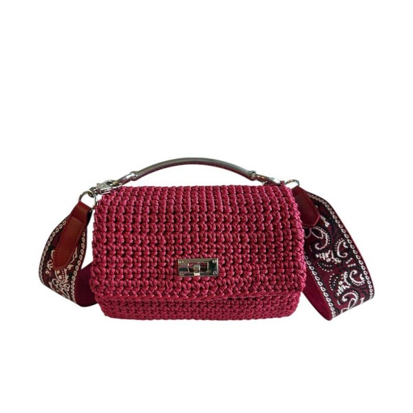 Handcrafted Wine Red Crochet Clutch MAXI Bag - Elegant Purse