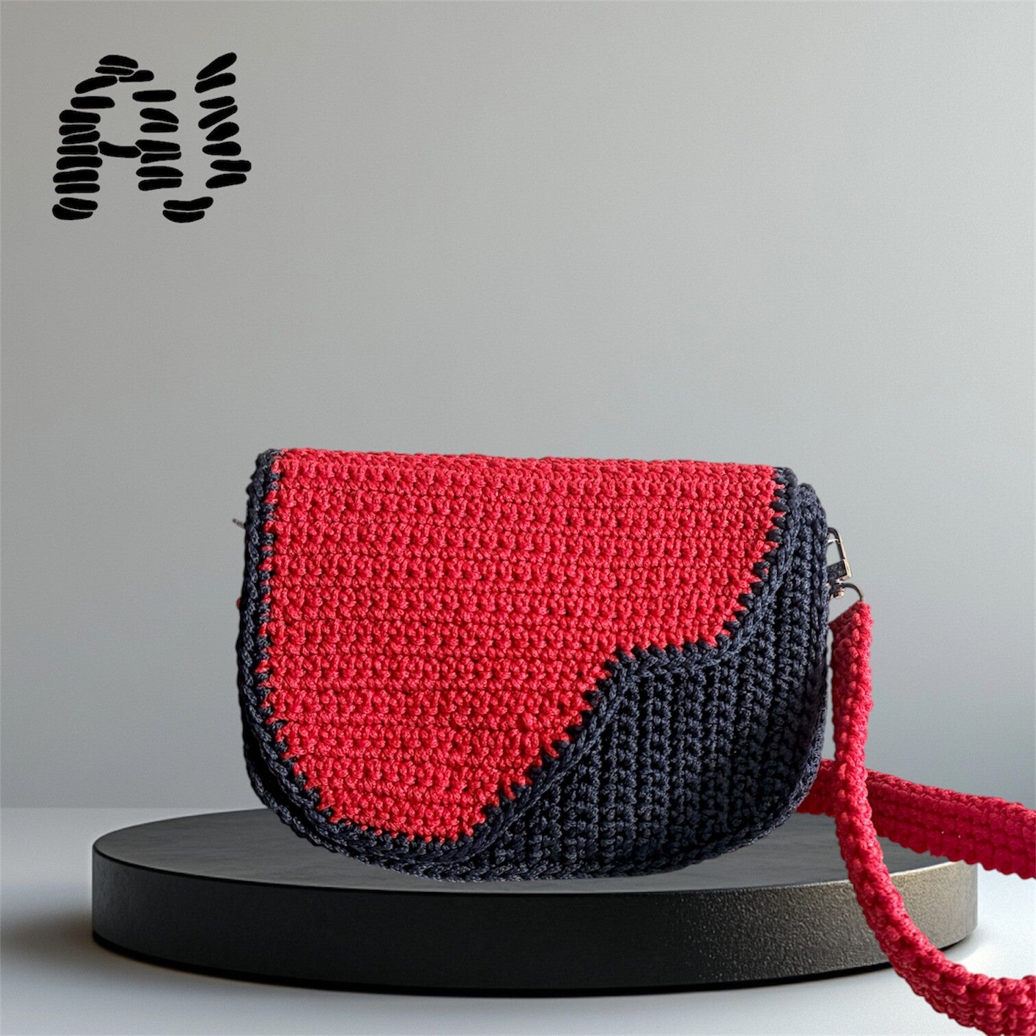 handmade crochet saddle shoulder bag in blue and rose red color
