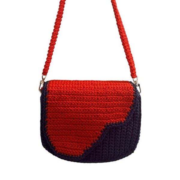Handmade Rose Red and Blue Saddle Shape Crochet Shoulder Bag