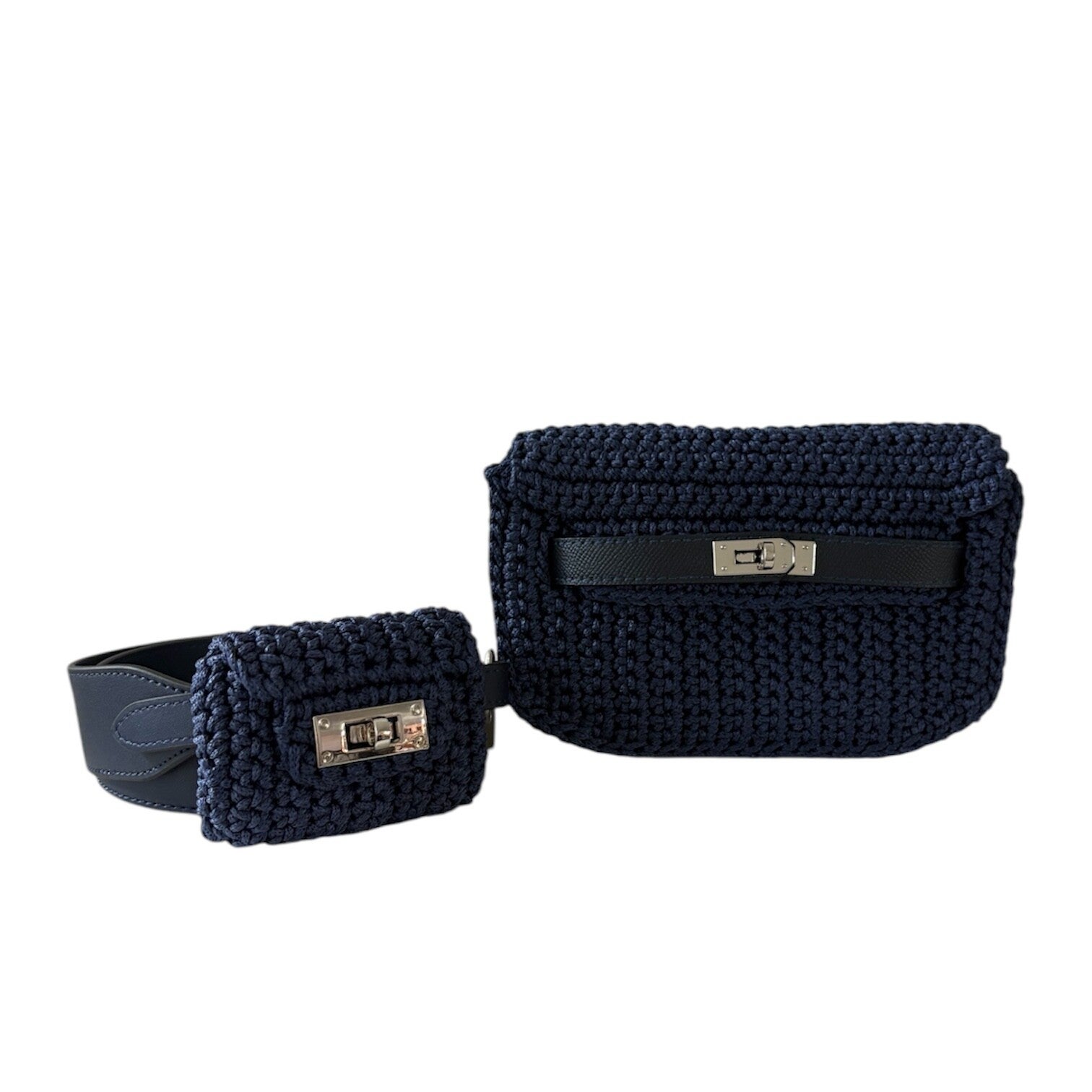 Handmade Crochet Shoulder Bag with Small Pouch - Navy Blue