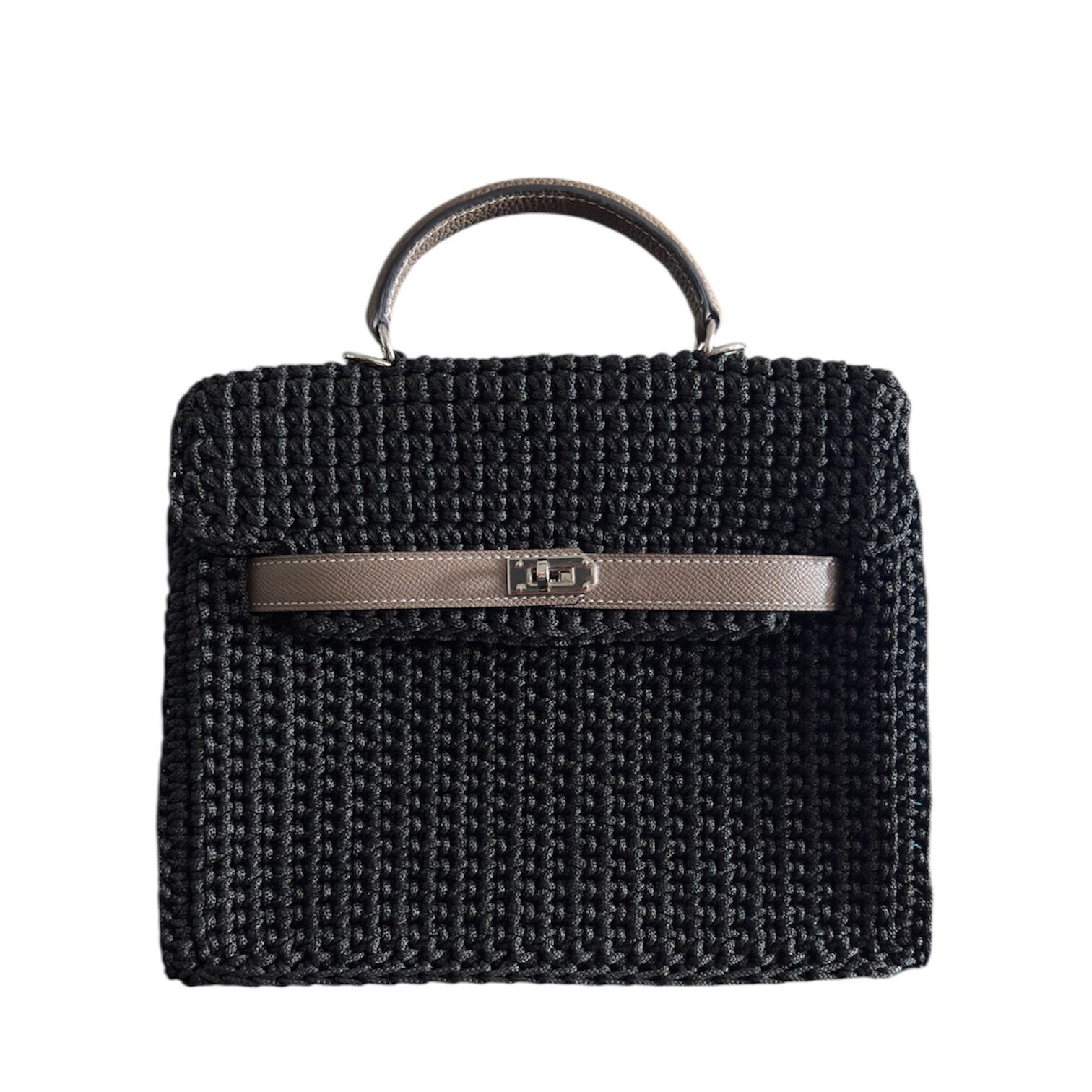 Crochet Top Handle Bag - Black and Beige - Medium