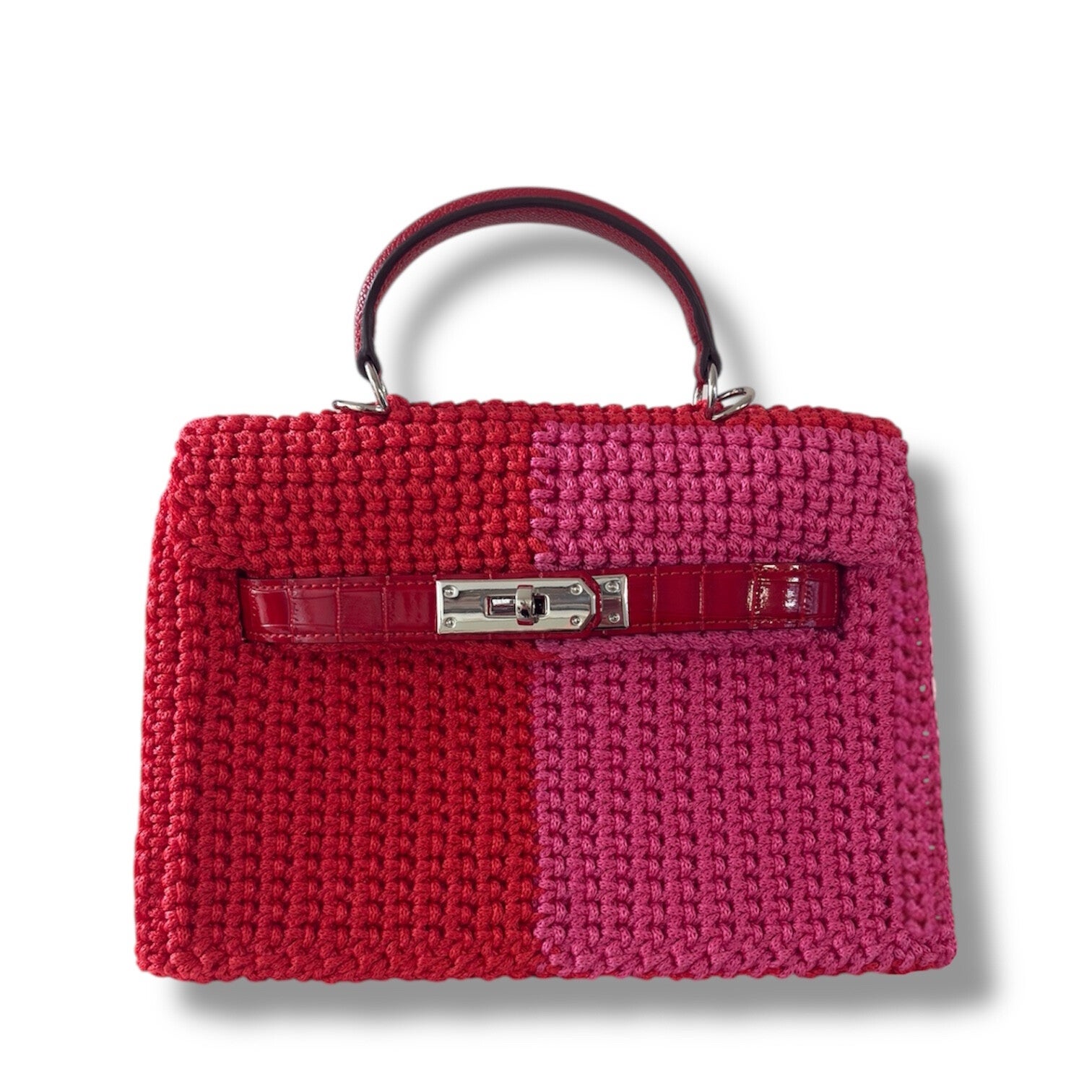 Handmade Pink and Rose Red Crochet Top Handle Bag - Medium Size