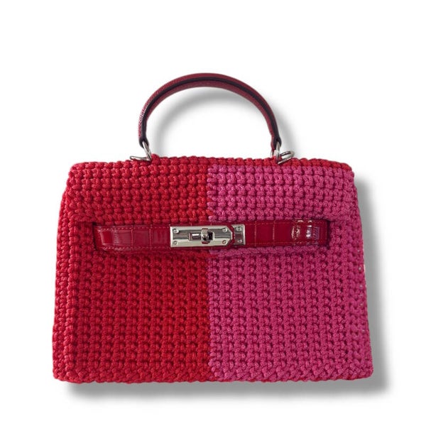 Handmade Pink and Rose Red Crochet Top Handle Bag - Medium Size