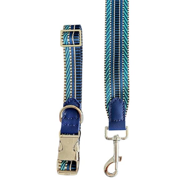 Handmade Dog Collar with Leash - Blue Striped Set