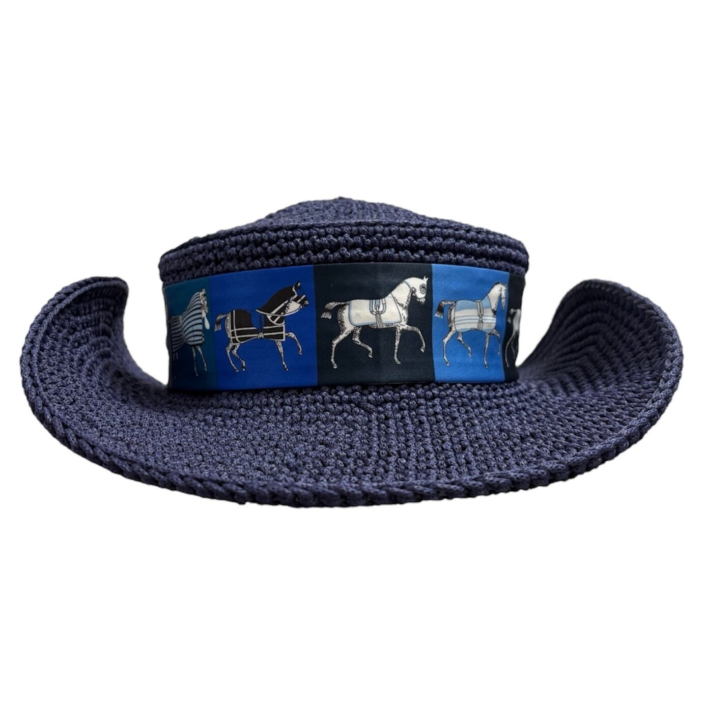 Handmade Navy Blue Crochet Brim Hat with Elegant Horse Printed Scarf - One Size