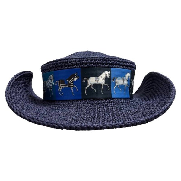 Handmade Navy Blue Crochet Brim Hat with Elegant Horse Printed Scarf - One Size