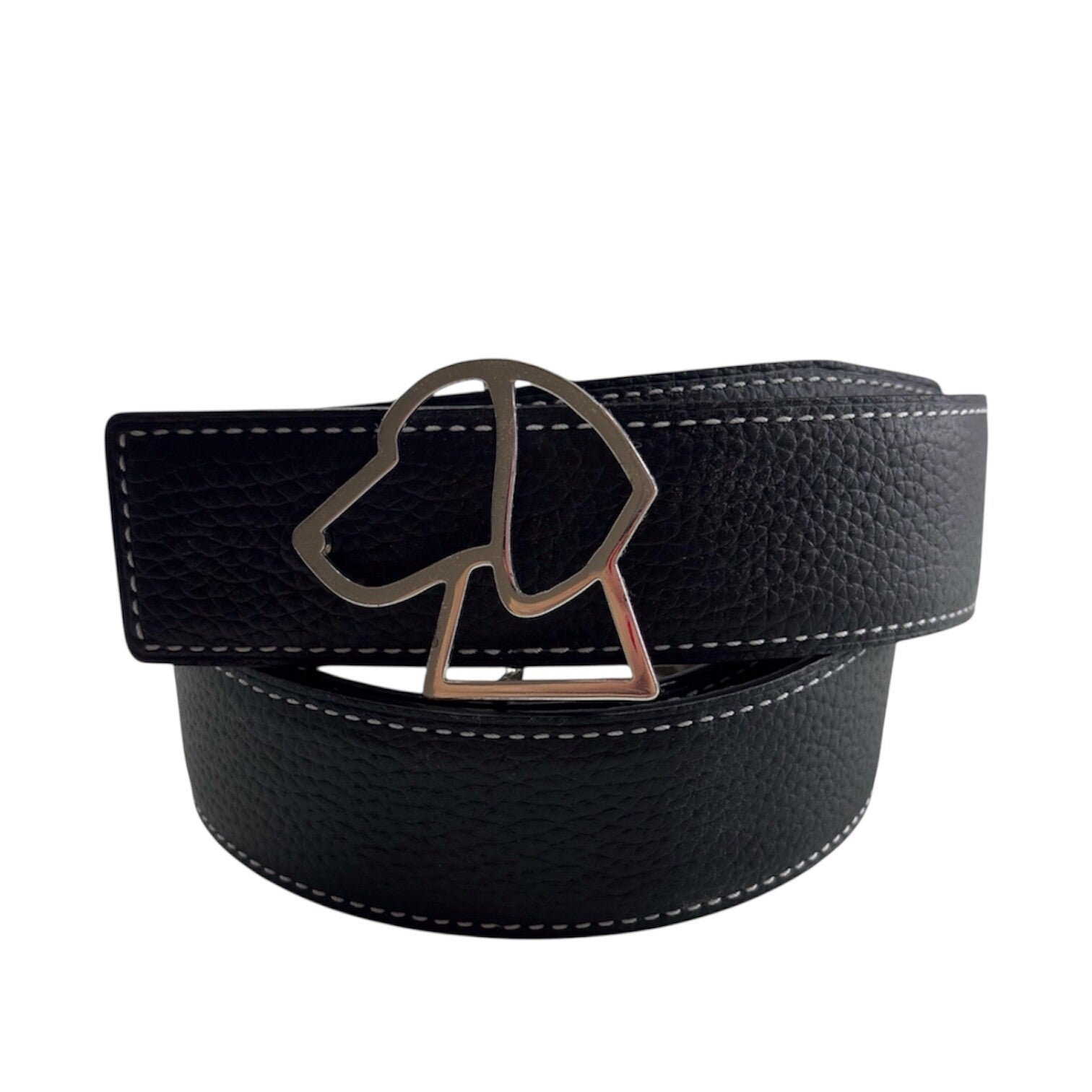 Double-Sided Genuine Leather Belt with Weimaraner Dog Buckle - Black and Beige