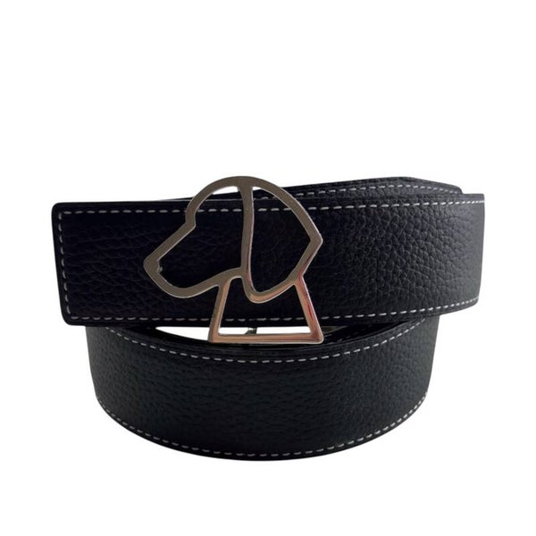 Double-Sided Genuine Leather Belt with Weimaraner Dog Buckle - Black and Beige