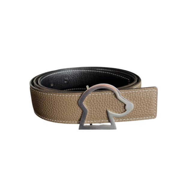 Double-Sided Genuine Leather Belt with Labrador Dog Buckle – Black and Beige
