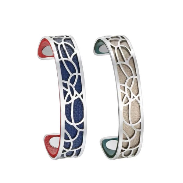 Stainless Steel Cuff Bracelet with Reversible Leather Band