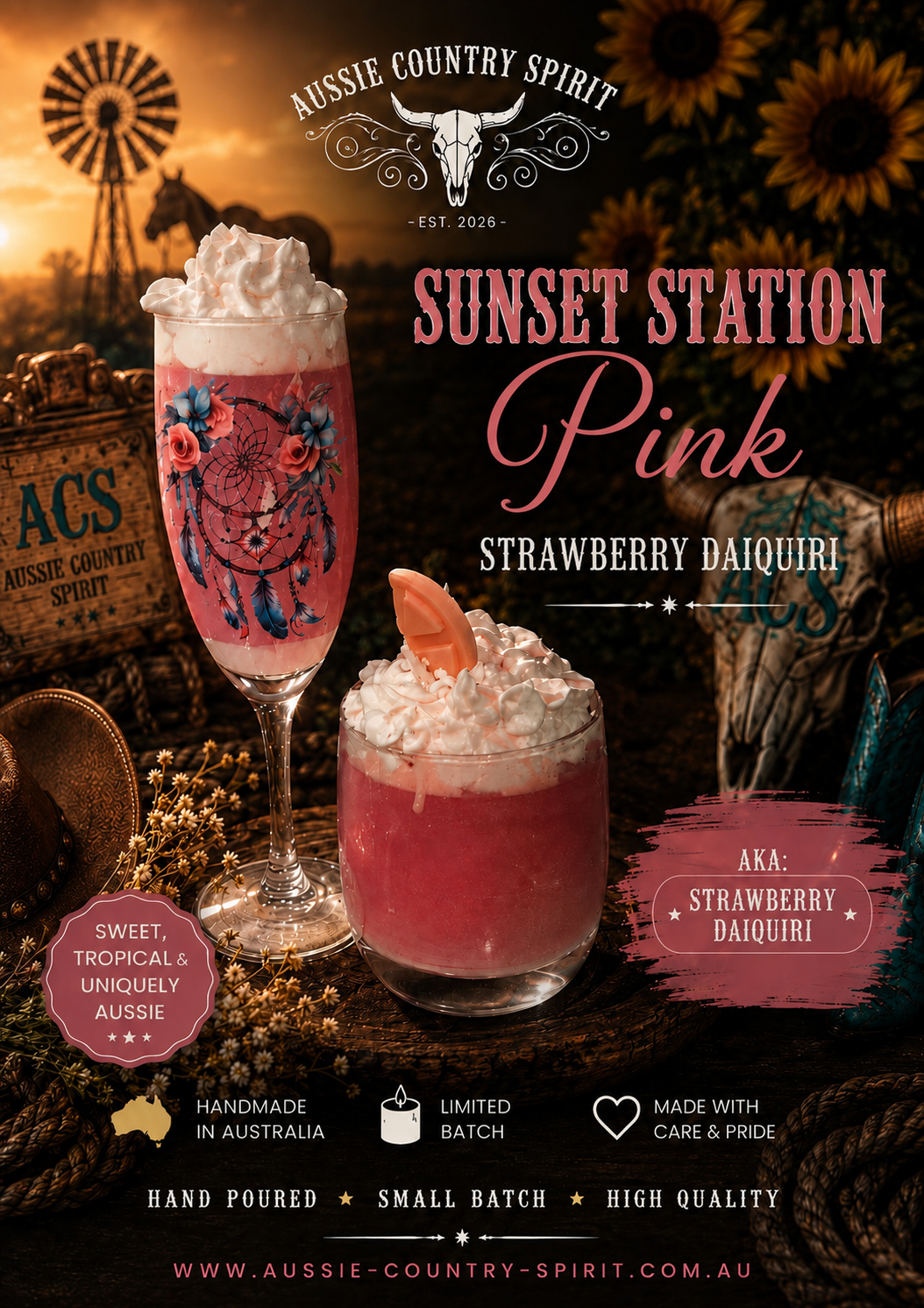 🌅 Sunset Station Pink Strawberry Daiquiri Scented Candle SET