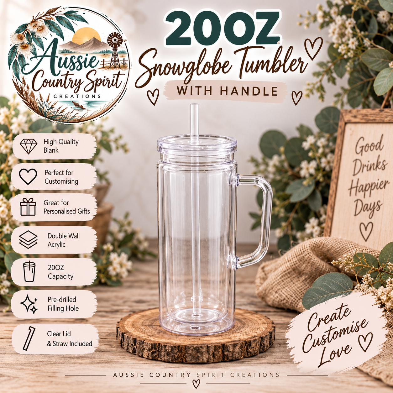 20oz tall tumbler with handle 🥃