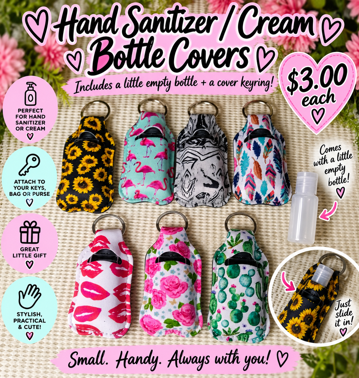 Hand cream/ sanitizer cover & bottle keyring 🗝️