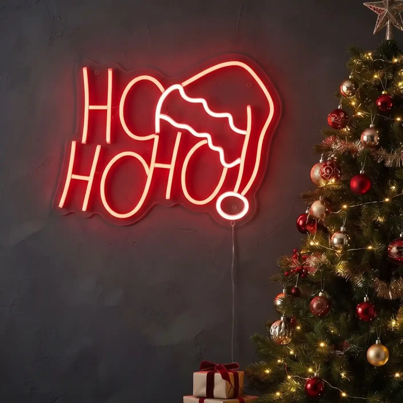 LED Neon Bord Ho Ho Ho Kerstmuts 30x23 cm