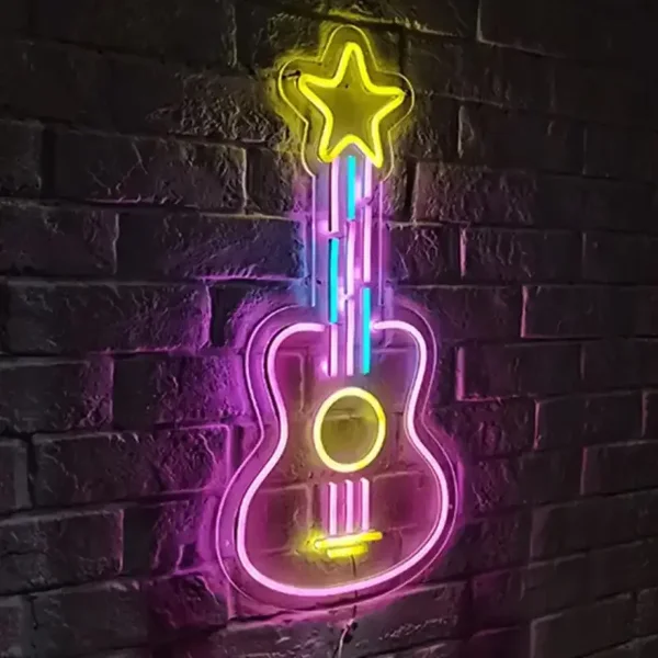 LED Neon Sign Gitaar - Wit/Geel - 30x27 cm