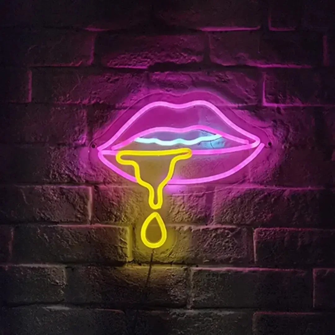 LED Neon Sign Lips Geel Roze 30x27cm