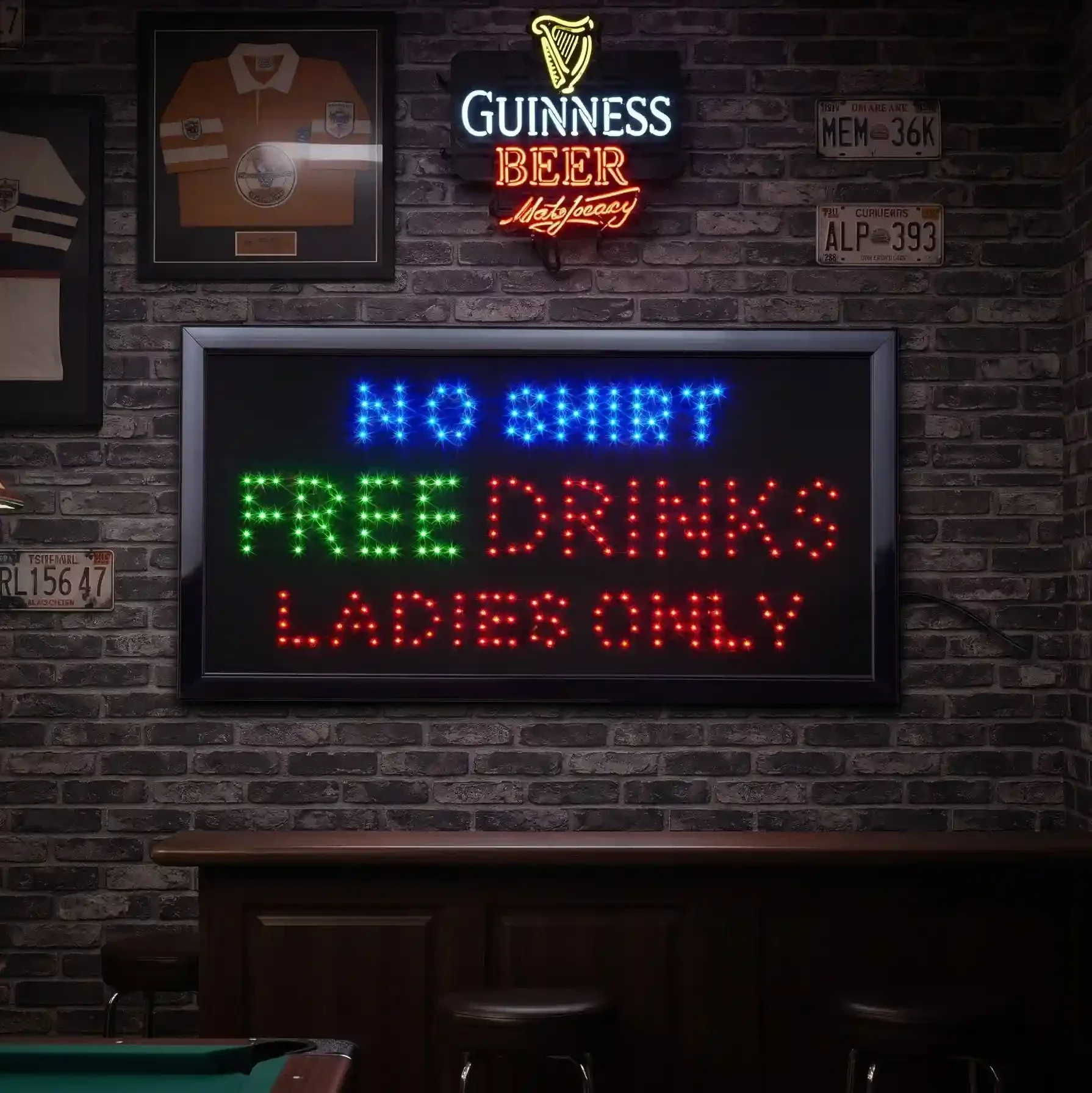 Luxe LED Bord - No Shirt Free Drinks Ladies Only (50x25x4 cm)