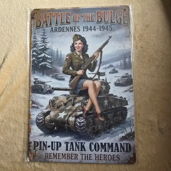 Reclamebord Battle of the Bulge Pin-Up Tank 20x30 cm