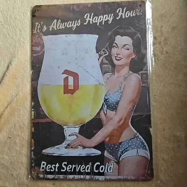 Retro Reclamebord Happy Hour Pin-Up 20x30 cm