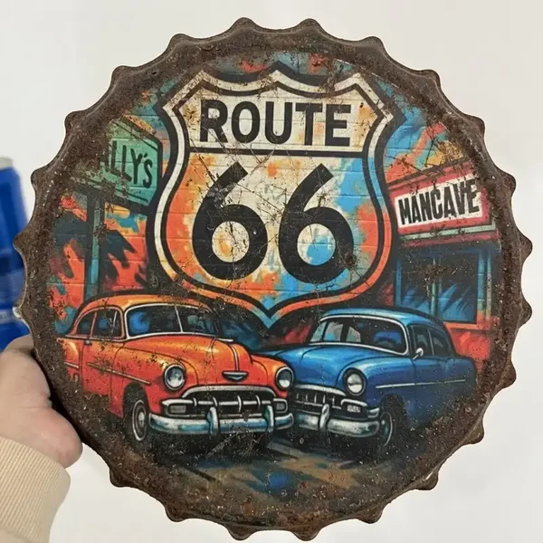 Route 66 Metalen Bord Kroonkurk Vintage Auto's (2e hands)